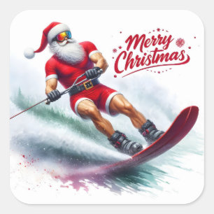 Santa Skiing on a Sunny Winter Day Square Sticker