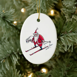Santa Skiing oval ceramic ornament