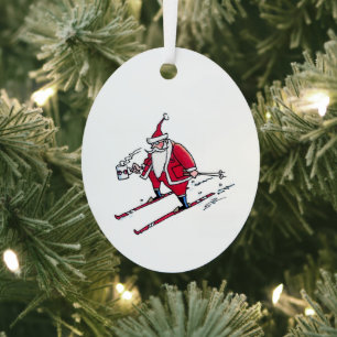 Santa Skiing oval metal ornament