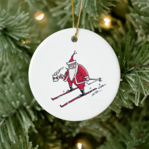 Santa Skiing round ceramic ornament