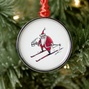 Santa Skiing round premium ornament