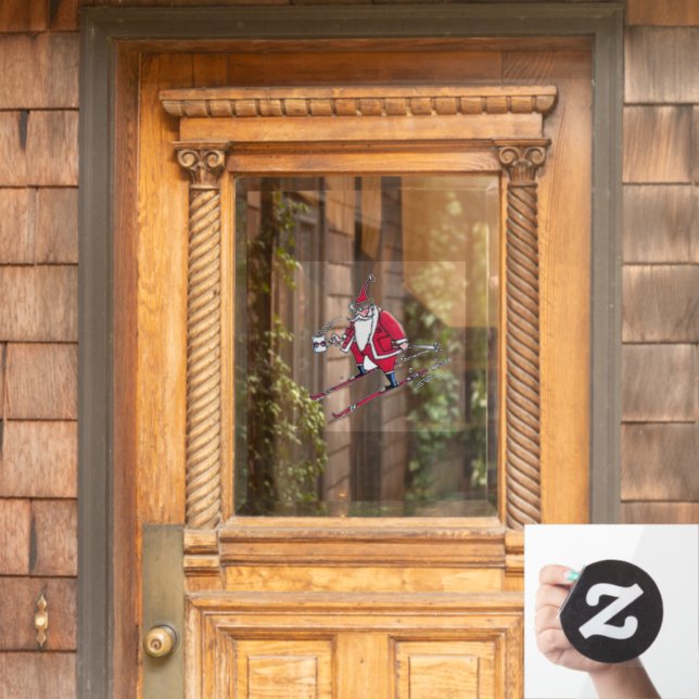 Santa Skiing see through window cling front stick (Home Door)