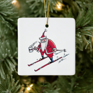 Santa Skiing square ceramic ornament