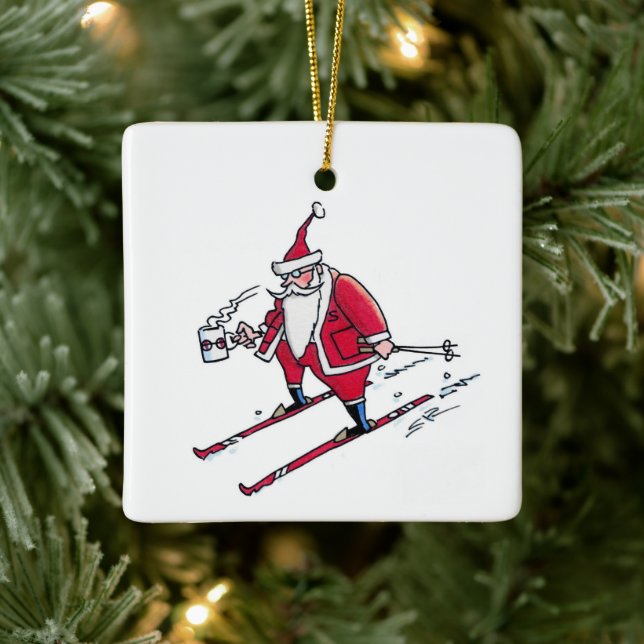 Santa Skiing square ceramic ornament (Tree)