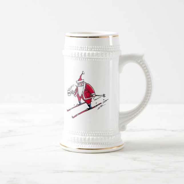 Santa Skiing white left hand stein w gold trim (Right)