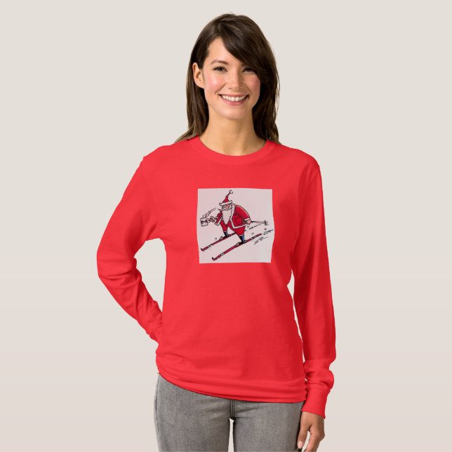 Santa Skiing women red long sleeve shirt (Front Full)