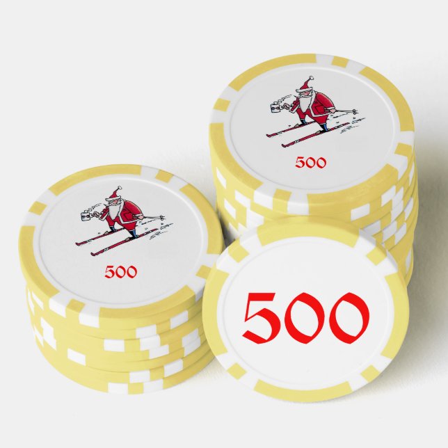 Santa Skiing yellow 500 striped poker chip (Stack)