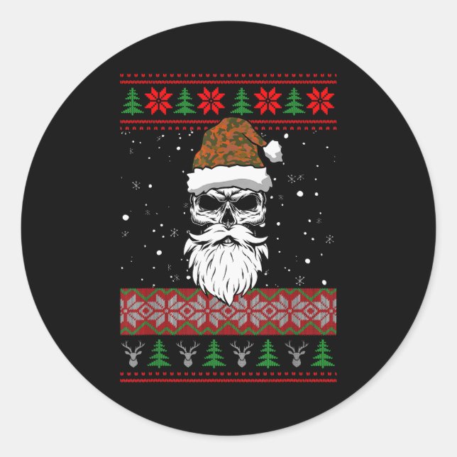 Santa Skull Ugly Christmas Sweater Camo Aesthetic  Classic Round Sticker (Front)