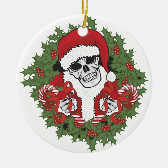 Santa Skull with Wreath Ceramic Tree Decoration (Front)