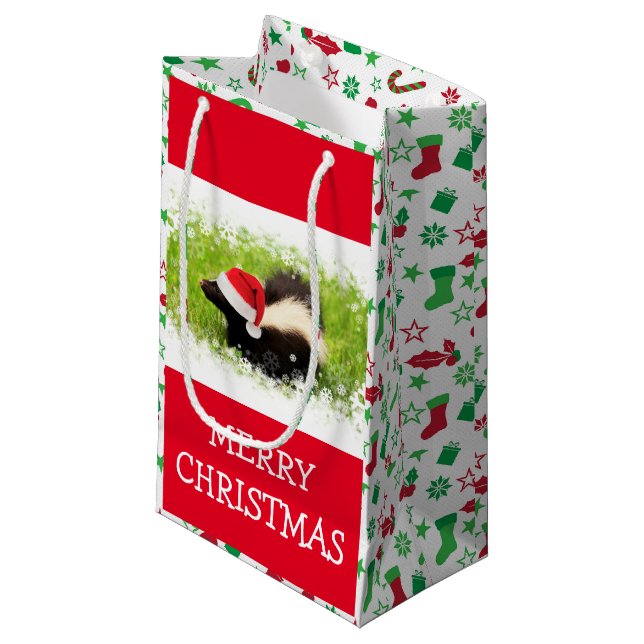 Santa Skunk With Christmas Pattern Small Gift Bag (Front Angled)