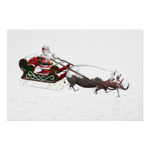 Santa Sled Pulled By Hippopotamus Poster