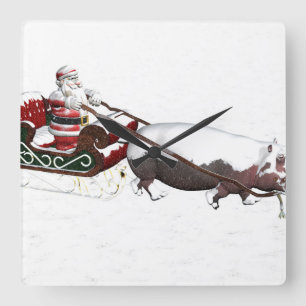 Santa Sled Pulled By Hippopotamus Square Wall Clock