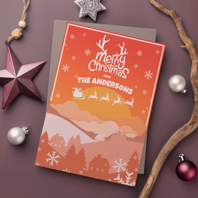 Santa Sleigh and Reindeer Flying in the Sunset Sky Holiday Card (Creator Uploaded)