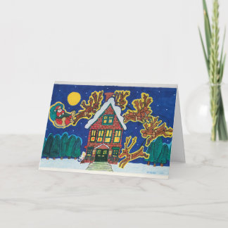 Santa, Sleigh and Reindeer Landing on the Rooftop Card