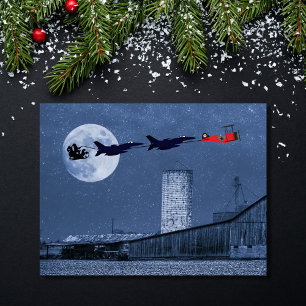 Santa, Sleigh, F-16 Jets and Red Biplane Christmas Holiday Postcard