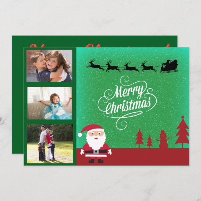 Santa Sleigh & Family 3 Photo Christmas Holiday Card (Front/Back)