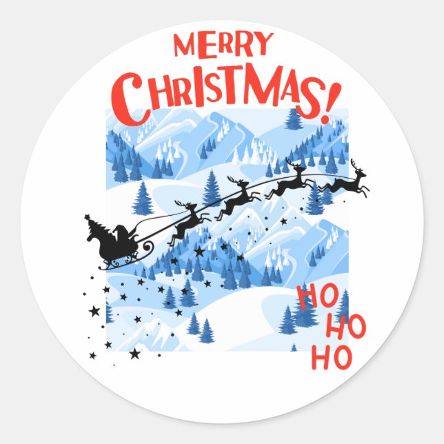 Santa Sleigh Flight Merry Christmas Classic Round Sticker (Front)