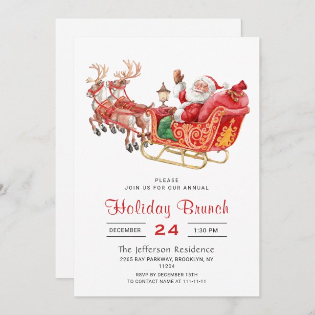 Santa Sleigh Holiday Brunch Christmas Party Invitation (Front/Back)