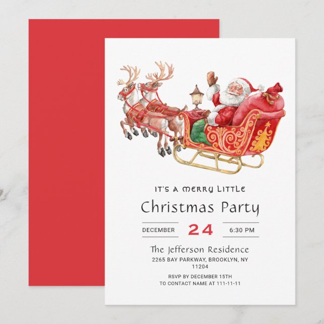 Santa Sleigh Holiday Merry Christmas Little Party Invitation (Front/Back)