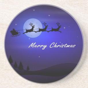 Santa Sleigh Moon Merry Christmas Coaster
