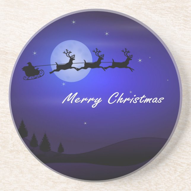 Santa Sleigh Moon Merry Christmas Coaster (Front)