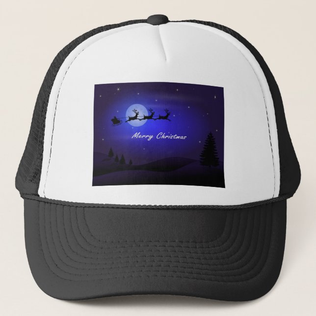 Santa Sleigh Moon Merry Christmas Trucker Hat (Front)