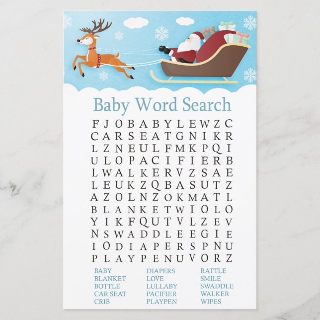 Santa Sleigh Reindeer Baby Shower Word Search Game (Front)