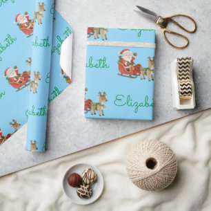 Santa Sleigh Reindeer Blue Christmas Pattern Wrapping Paper