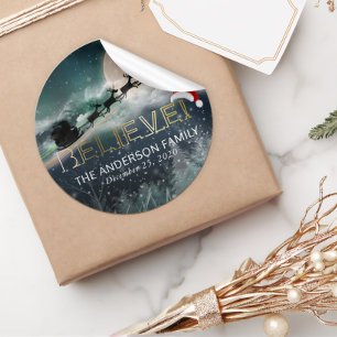 Santa Sleigh Reindeer Christmas BELIEVE Santa Hat Classic Round Sticker