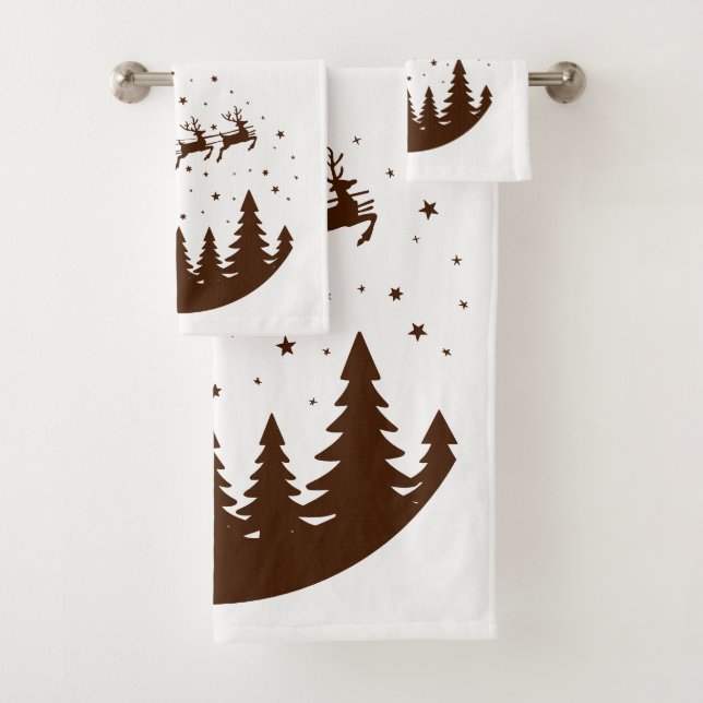 Santa Sleigh Reindeer Flying Over Treetops Brown Bath Towel Set (Insitu)