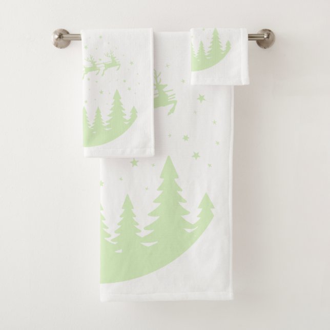 Santa Sleigh Reindeer Flying Over Treetops Celery  Bath Towel Set (Insitu)