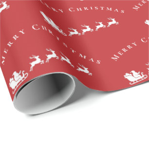 Santa Sleigh Reindeer Merry Christmas Red White Wrapping Paper