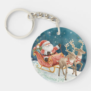 Santa Sleigh Watercolor Keychain Carry Christmas