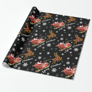 Santa & Sleigh Wrapping paper. Glossy black red Wrapping Paper