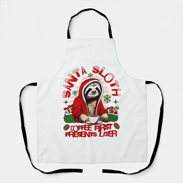 Santa sloth sipping coffee  apron (Front)