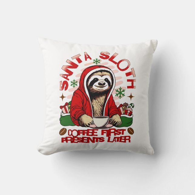 Santa sloth sipping coffee  cushion (Front)