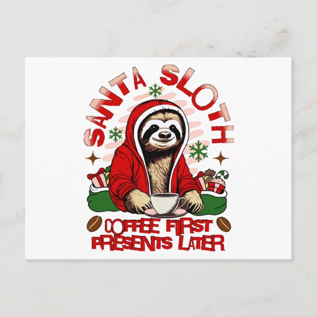 Santa sloth sipping coffee  holiday postcard (Front)