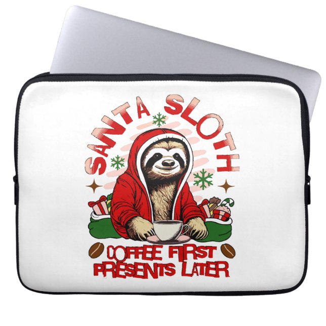 Santa sloth sipping coffee  laptop sleeve (Front)