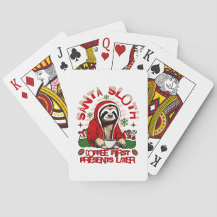 Santa sloth sipping coffee  playing cards