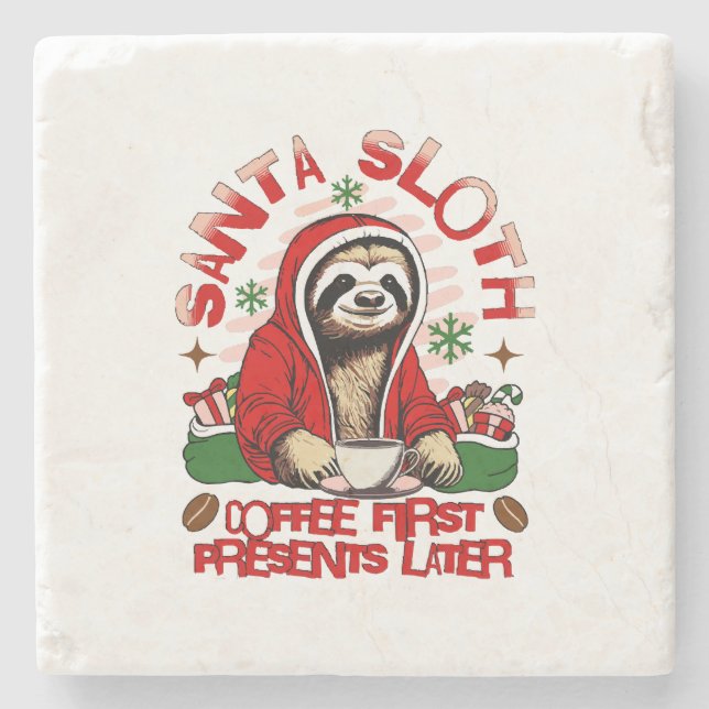 Santa sloth sipping coffee  stone coaster (Front)