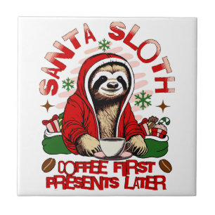 Santa sloth sipping coffee tile