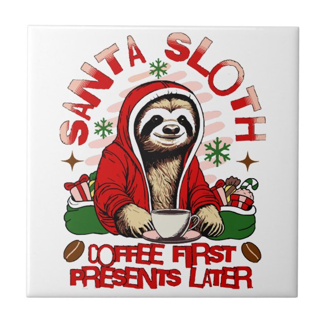 Santa sloth sipping coffee  tile (Front)