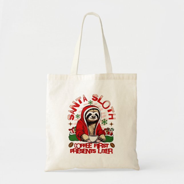 Santa sloth sipping coffee  tote bag (Front)
