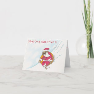 Santa Sloth sledding down steep slope Holiday Card