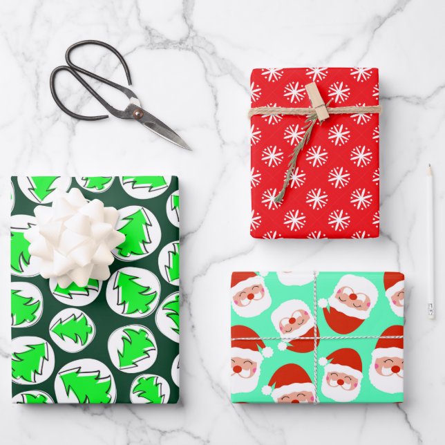 SANTA SNOWFLAKES AND TREES WRAPPING PAPER SHEETS (Front)
