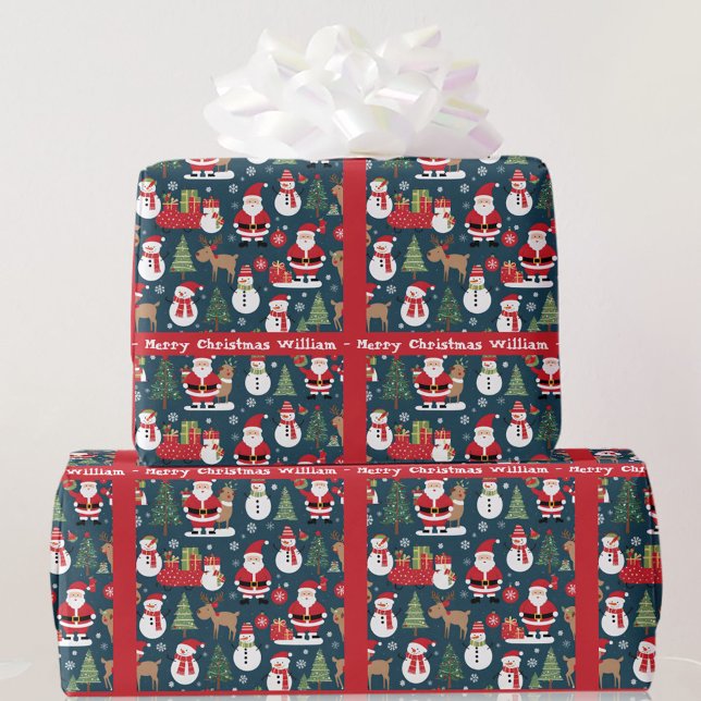 Santa Snowman Add Name & Text Cute Christmas Wrapping Paper (Creator Uploaded)
