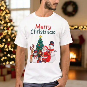 Santa Snowman And Reindeer Festive Merry Christmas T-Shirt
