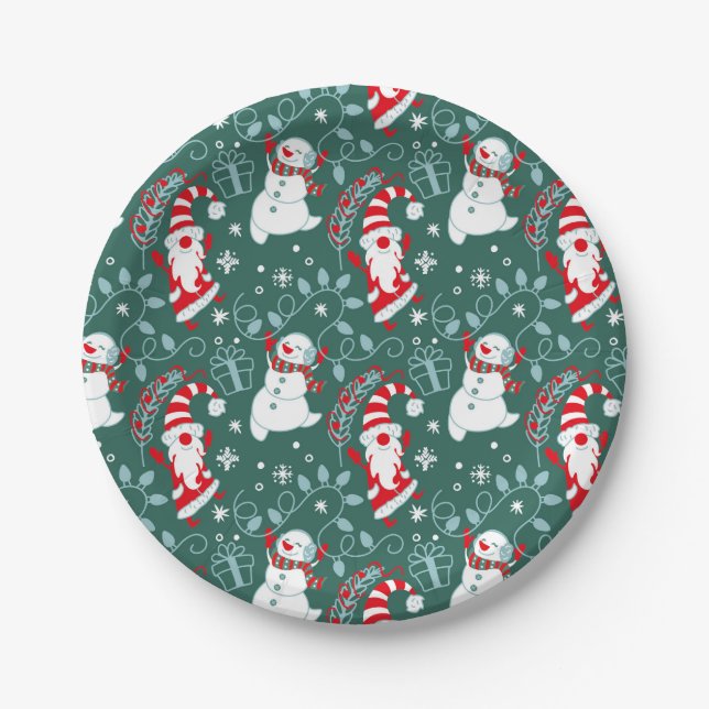Santa Snowman Christmas Paper Plate (Front)