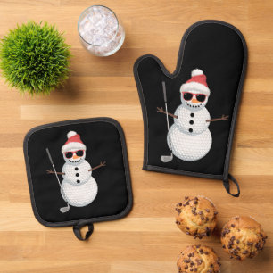 Santa Snowman Golf Ball Christmas Golfer Gift  Oven Mitt & Pot Holder Set