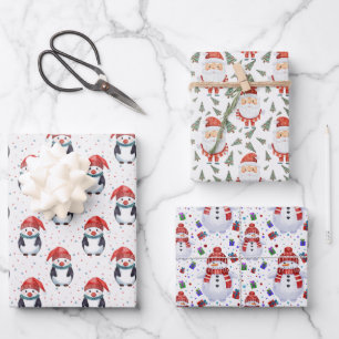 Santa, Snowman, Penguin Christmas Themed  Wrapping Paper Sheet